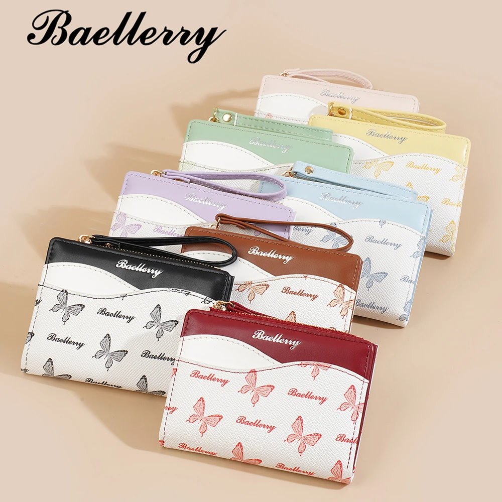 Baellerry Color Block Wallet Ins Fashion Short Bifold Purse for Girls, Butterfly Print PU Card Holder with Change Pocket Cute Mo