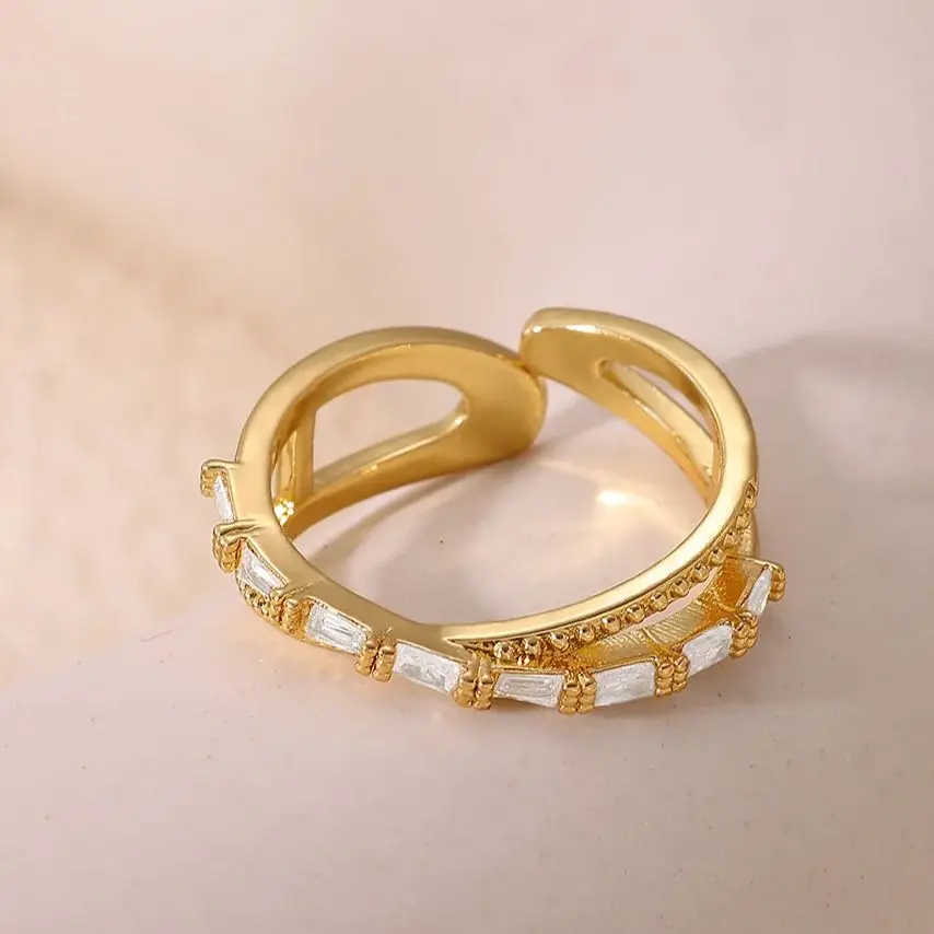 Luxury Zircon Cross Rings Gold Color Stainless Steel Sparkling Adjustable Ring