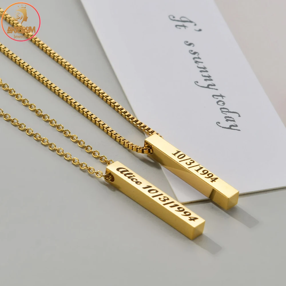 

Akizoom Bar Pendant Engrave Names Date Custom Stainless Steel Box Chain Necklaces Personalized Square Jewelry for Women Gift