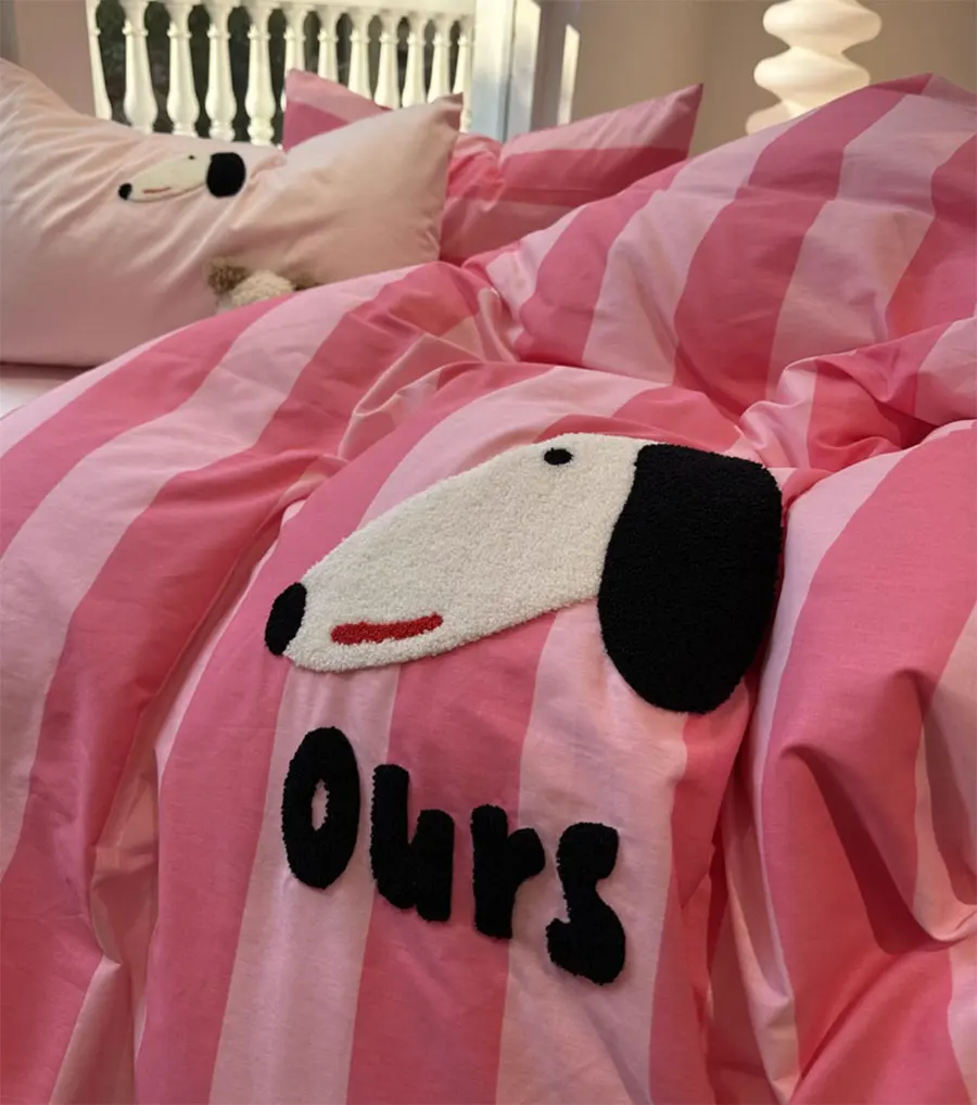 

Fashion embroidery dog pink stripes bedding set kid teen,twin full queen cotton home textile bed sheet pillow case quilt cover