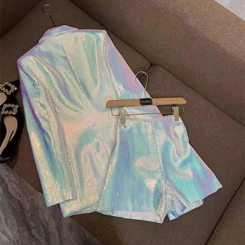 Sparkly Blazer Short Suit For Women 2025 Autumn Turn-down Collar Blazer Jaclets And Shorts Ladies 2 Piece Sets Outfits