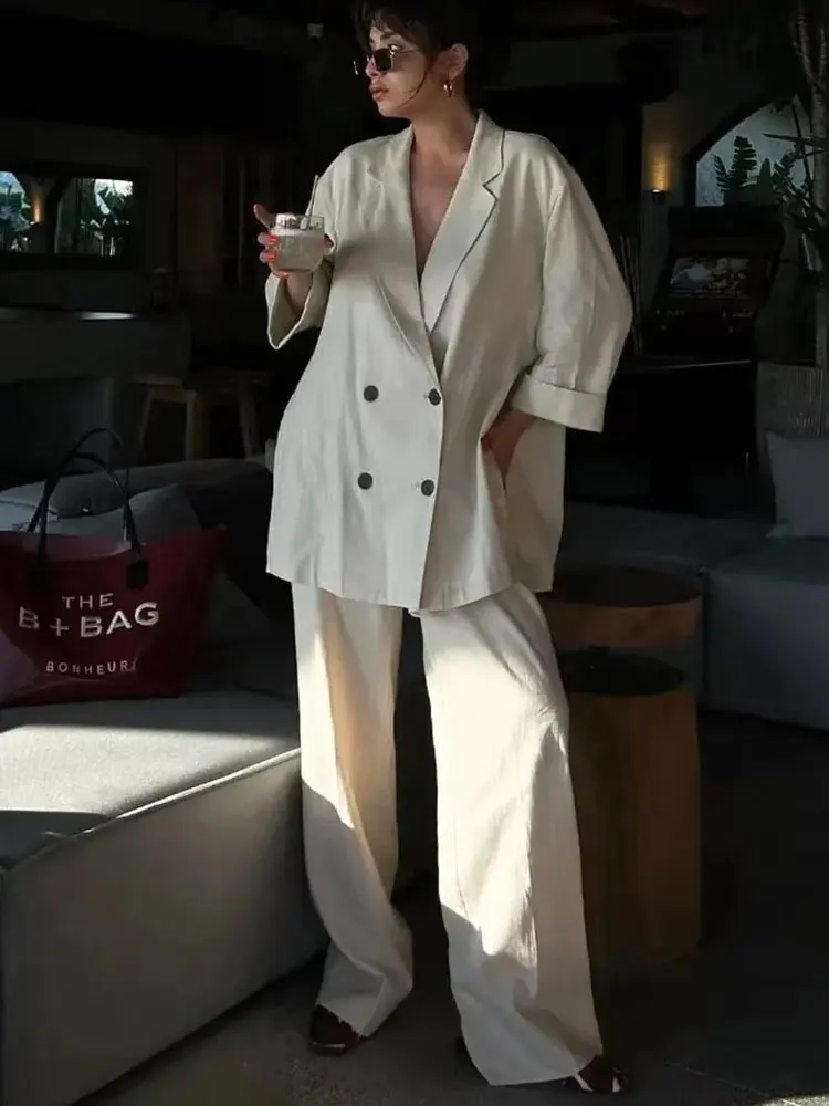 HH Women Fashion Wrinkle Effect Blazer Pant Set Long Sleeve Double Breasted Coat Wide Leg Trousers Solid Office Lady Suit