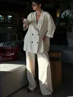 HH Women Elegant Solid Wrinkle Effect Blazer Pant Suit Double Breasted Long Sleeve Jacket Straight Trousers Streetwear - Image 6