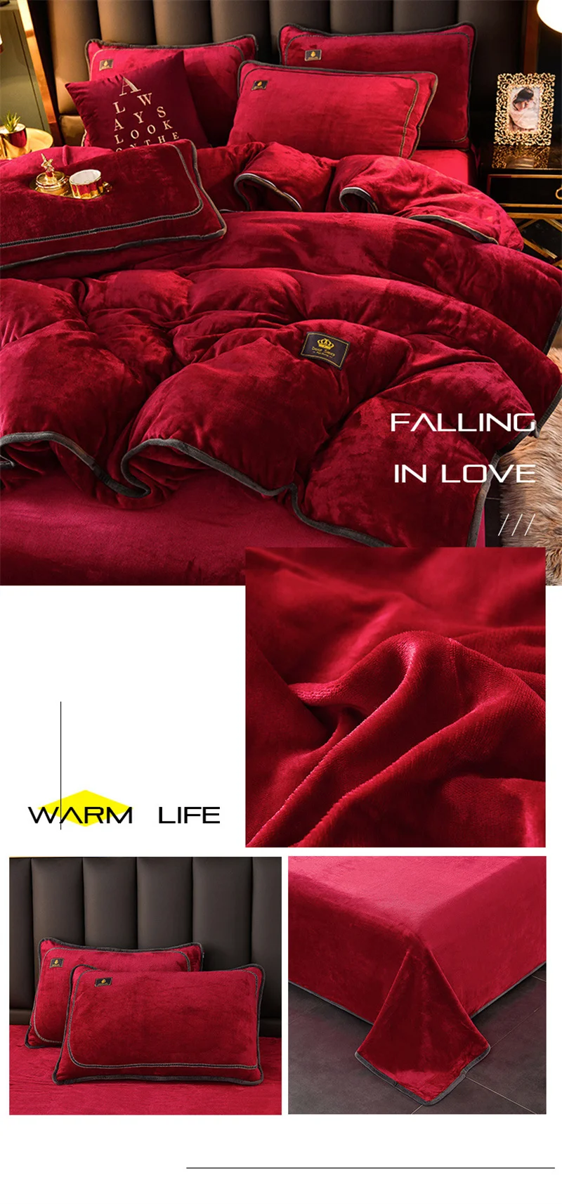 Red Milk Fleece Duvet Set Queen Size Warm Winter Bedding 4 pcs Set