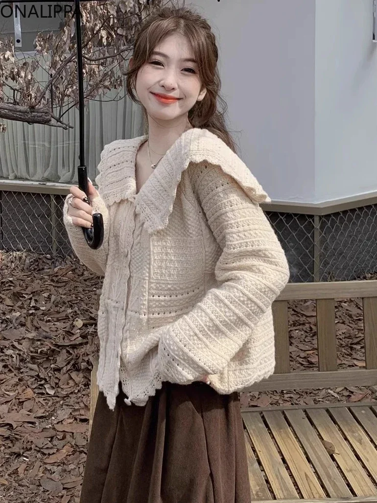 Onalippa 여성용 부드러운 바람 솔리드 니트 가디건, 피터팬 칼라, 싱글 브레스트 가디건, 한국 패션, 시크한 디자인 스웨터