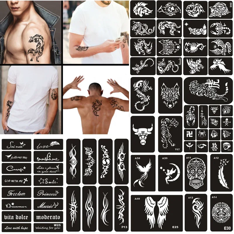 Large Temporary Henna Tattoos Stencils for Men Women Wolf Tiger Reusable Airbrush Glitter Stencils Templates Arm Leg Body Party