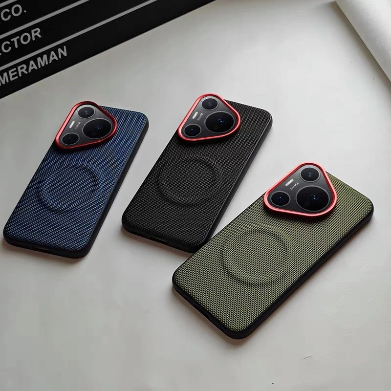 Magnetic Nylon Woven Matte PU Leather Phone Back Cover Bumper