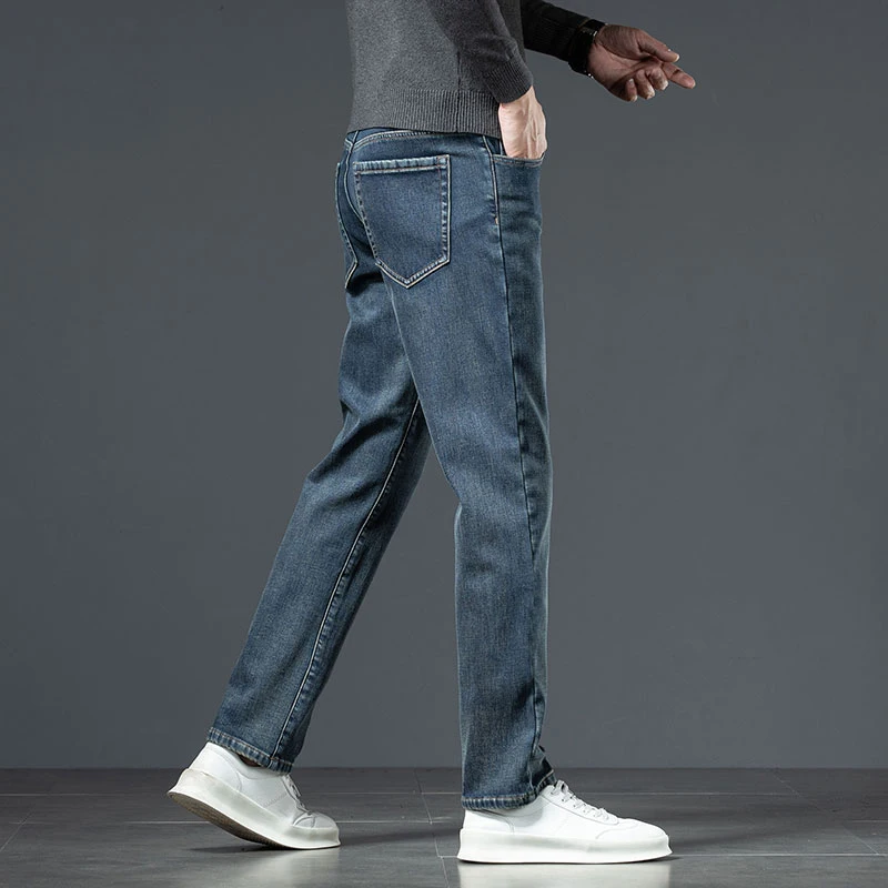 Winter Warm Jeans Men's Fashion Retro Blue Thickened Loose Straight Pants Brand Business Casual Stretch Washed Denim Pants 4