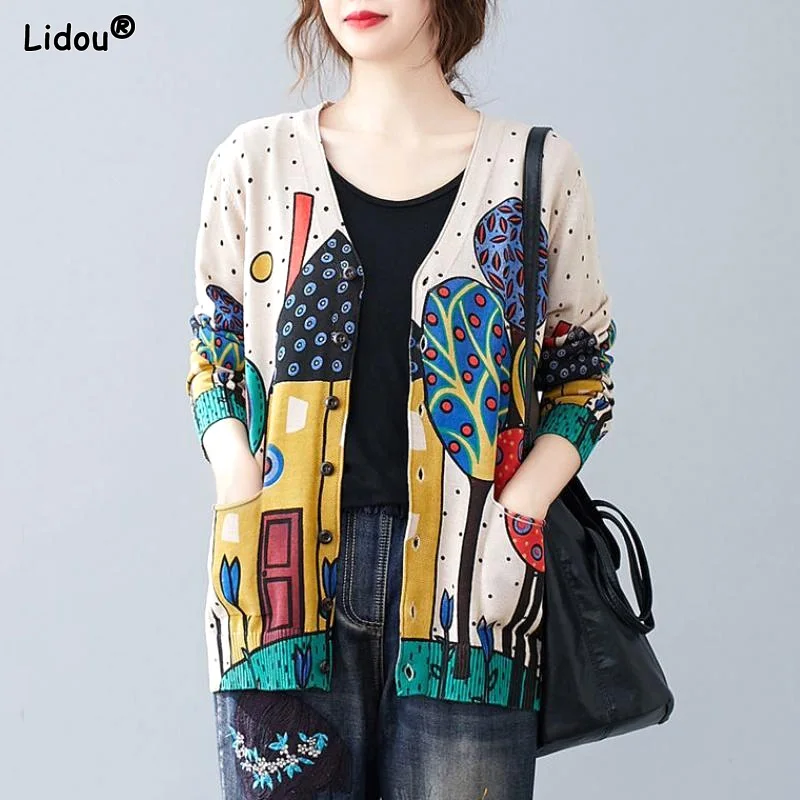 

Loose Long Cardigan Straight DOT Printing Button Pockets Sweaters V-neck Autumn Winter Thick Women's Clothing Street Casual Coat