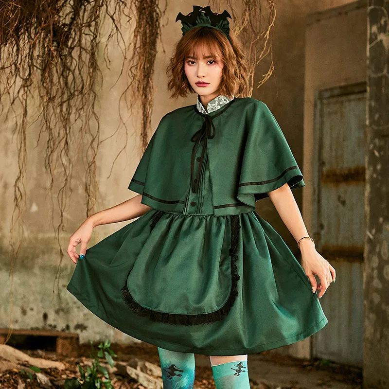 

Women Lolita Halloween Dark Green High Collar Lace Slim Fit Bat Headwear Evil Maid Cosplay Costume Dress