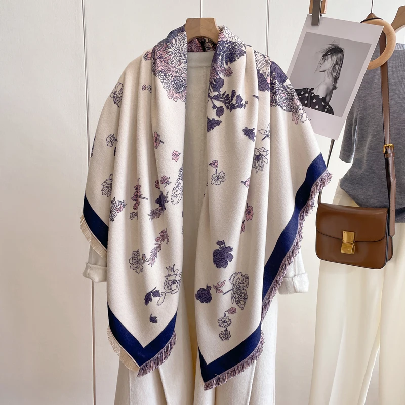 

2023 New Square Cashmere Scarf Women Elegant Floral Print Thick Autumn Winter Warm Soft Blanket Wraps Shawls Pashmina Bufanda