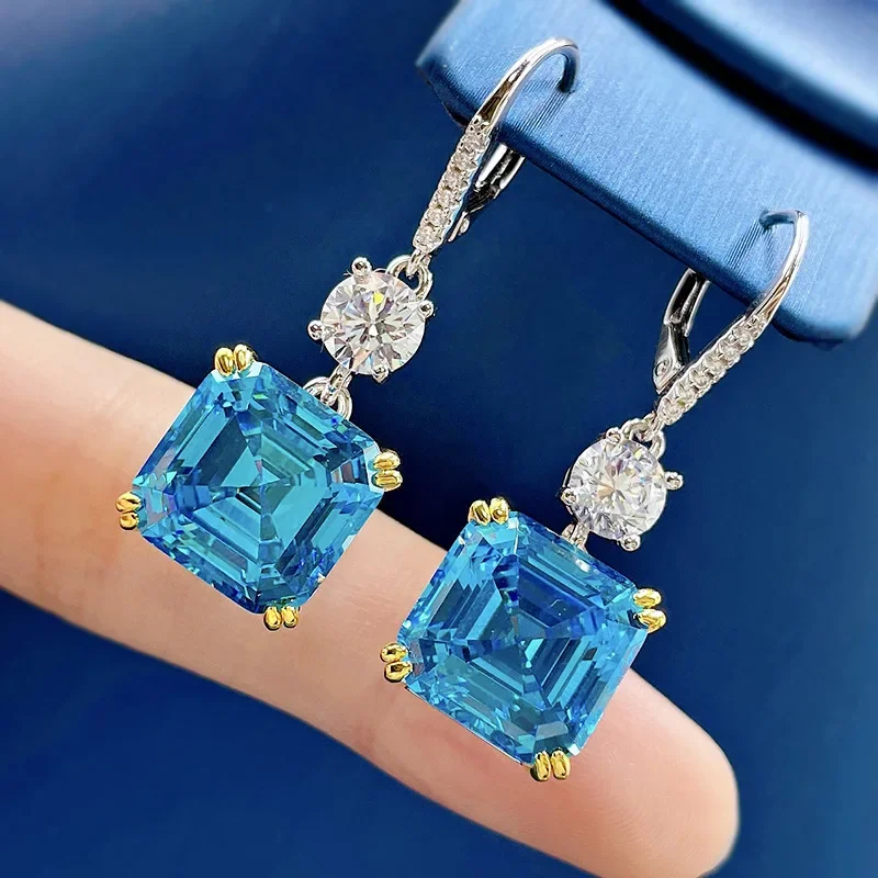 

100% Original 925 sterling silver Dangle Earring Asscher Cut 12mm Aquamarine Diamond Wedding Drop Earrings for Women Jewelry