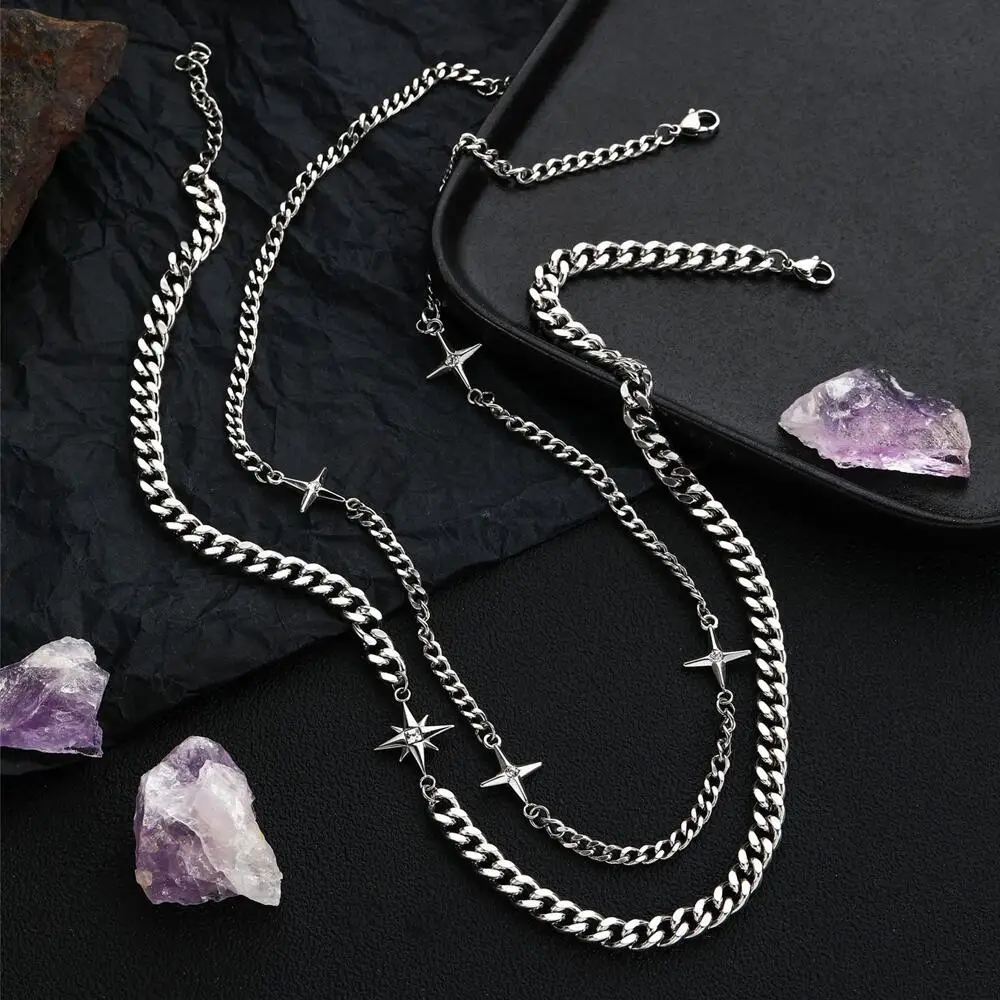 Hip Hop Doppel-schicht Stern Kreuz Halskette Für Mann Frau Titan Stahl Schlüsselbein Kette Choker Punk Männlichen Zubehör Großhandel – Detail 6