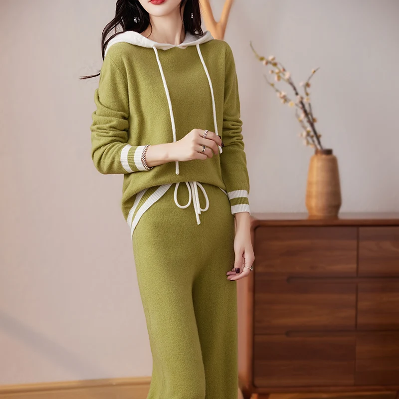 Fall/Winter New 100% Pure Cashmere Hoodie Two-Piece Women Hooded Knitted Long-Sleeved Sweater Wool Wide-Leg Pants Suit