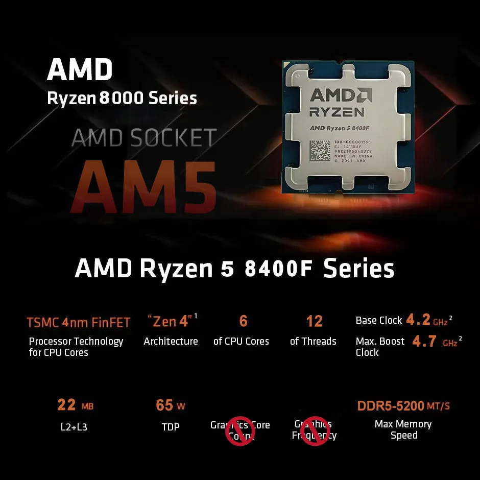 CPU Processor AMD R5 8400F Ryzen 5 8400F 6 Cores 12 Threads 4.2GHz Desktop AM5 Socket