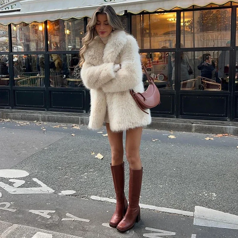 Fashion Solid Fluffy Faux Fur Coat Women Lapel Long Sleeve Thick Warm Loose Jackets 2025 Winter Elegant High Street Outerwear