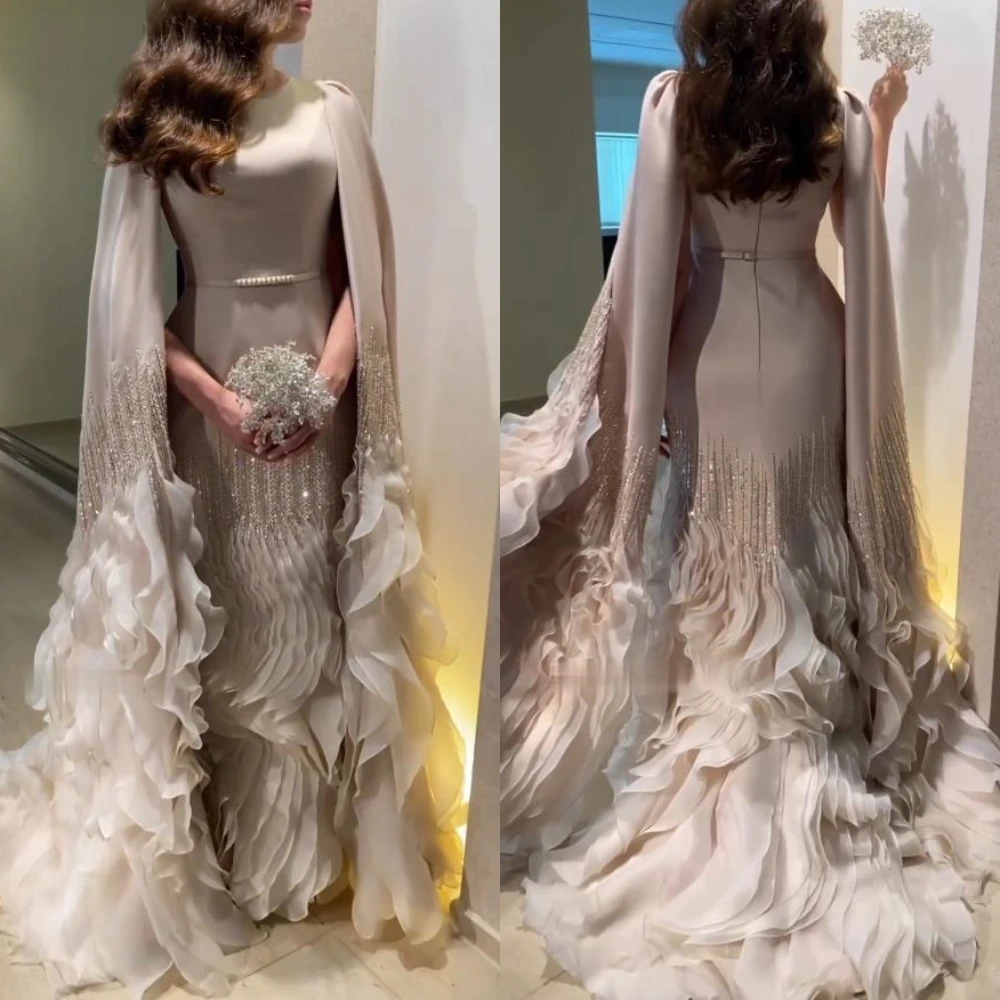 Jiayigong Jersey Ruffle Rhinestone Graduation Sheath O-Neck Bespoke Occasion Gown Long Dresses Saudi Arabia
