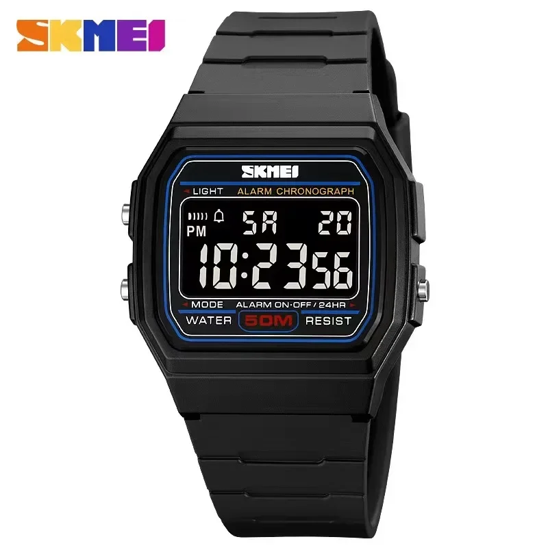 SKMEI Orologio Sportivo Digitale Uomo – Impermeabile 50m, Cronometro, Sveglia, Display LED, Cinturino PU – Nero, Quadrante 5,2 Cm