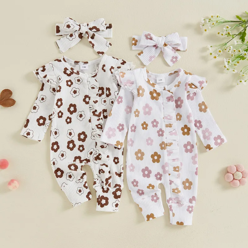 

Newborn Baby Girls Romper 2 Piece Outfits Autumn Clothes Floral Ruffles Ribbed Long Sleeve Romper and Cute Headband Set