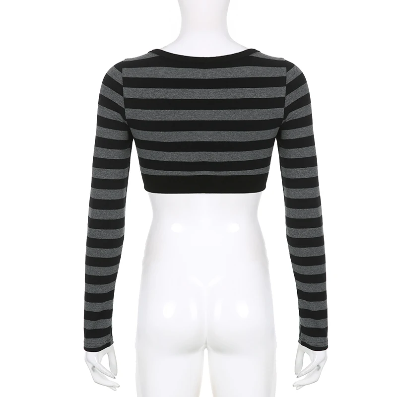 Y2K Vintage Striped Crop Top Casual Button O-neck Long