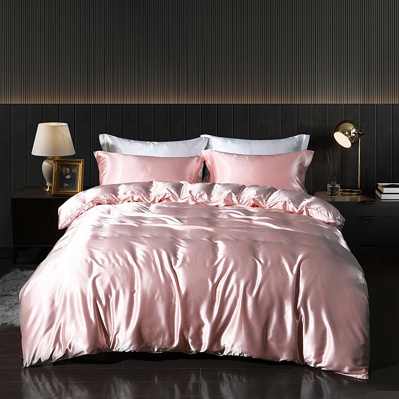 Luxury Satin  Bedding Set With Fitted Sheet Duvet Cover High End Bedding Sets High Density Satin  Solid Color Bedding