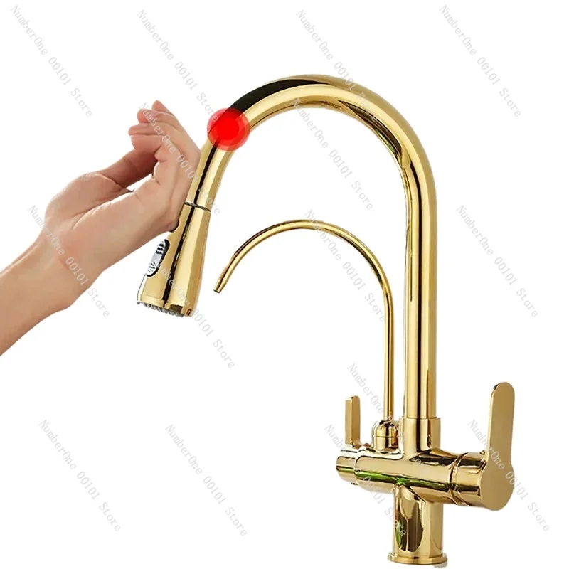 골드 터치 필터 주방 수도꼭지, 핫 콜드 풀아웃 주방 믹서 탭, 솔리드 황동 골든 센서 터치 주방 수도꼭지, 3 웨이 