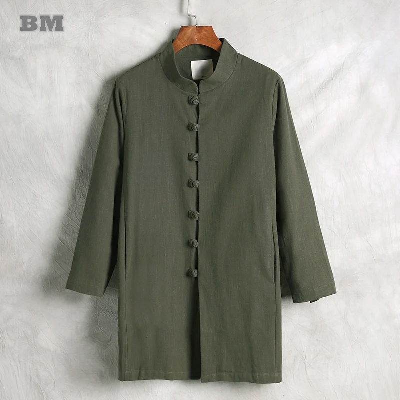 

2022 Chinese Traditional Dress Medium Long Loose Linen Tang Suit Spring Autumn Plus Size Coat Men Clothing Loose Hanfu Male