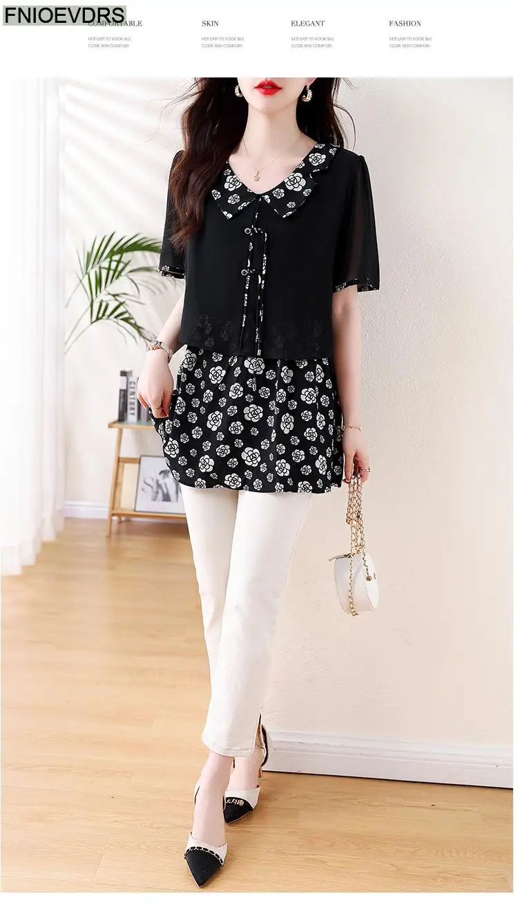 L-5XL Loose Clothes 2024 Women Summer Short Sleeve Elegant Ruffles Shirts Casual Retro Floral Tunic Peplum Tops And Blouses