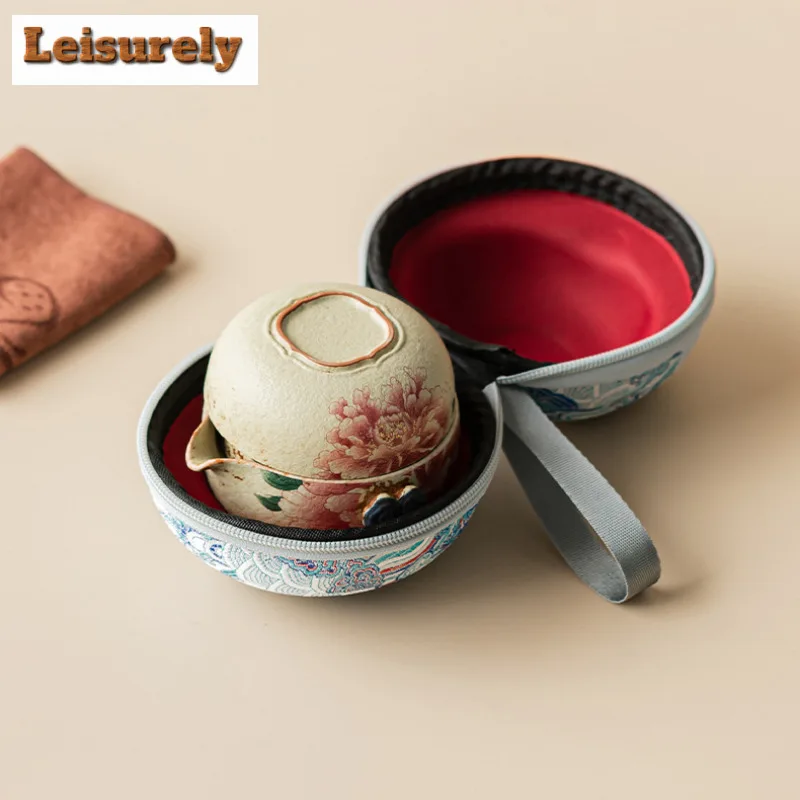 Blue And White Flint Red Ruyi Travel Tea Set Kit Japanese 1 Pot 3 Cups Tea Making Organizer Portable Outdoor Tote Bag Ornaments