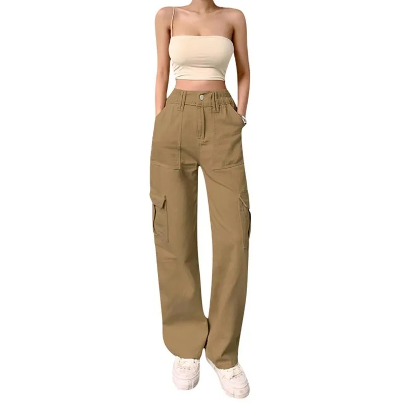 

2023 New Fashion Women Solid Color Cargo Pants High Waist Straight-leg Buckle Jeans with Pockets Khaki/Brown