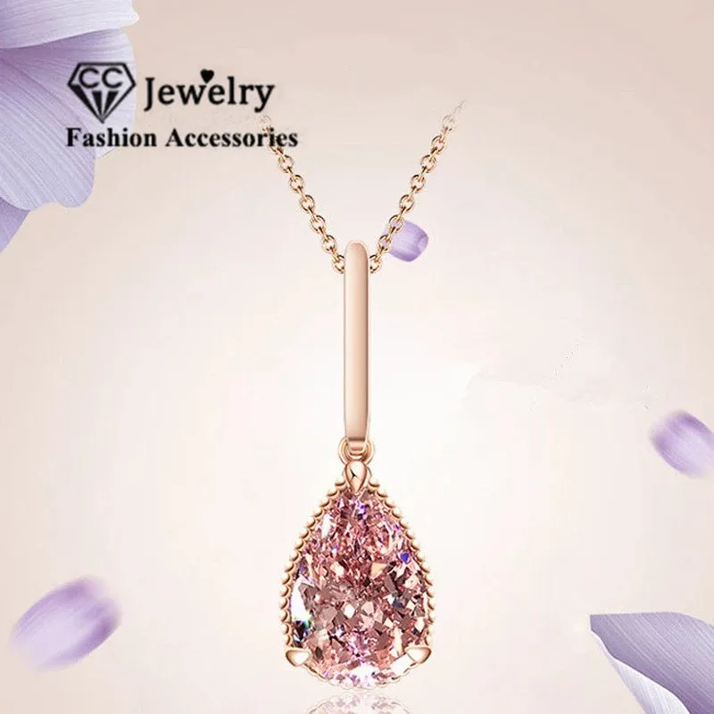 CC Chain Pendant Necklace For Women Rose Gold Plated Water Drop Pink Cubic Zircon Stone pendant necklace gold necklace