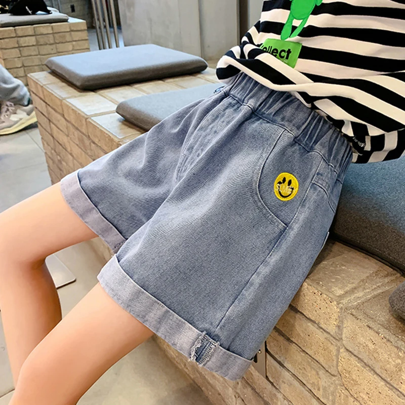 Girls Denim Shorts Teenage Girl Summer Lace Pants Kids Bow Clothes Children Flowers Embroidery Jean Short For Teenager