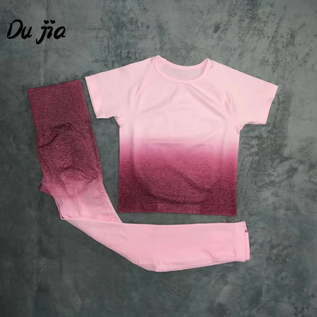

Women Yoga Sport Suit Ombre Seamless Leggings+Short Sleeve Crop Top 2 Piece Sportswear Summer Gym Set Running Workout Clothes