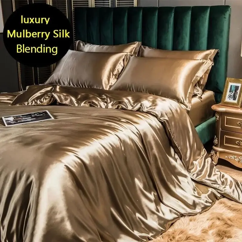Blending Mulberry Silk Bedding Set with Duvet Cover Sheets Pillowcase European Style Luxury Couple Queen Sliky Bed Sheet Set