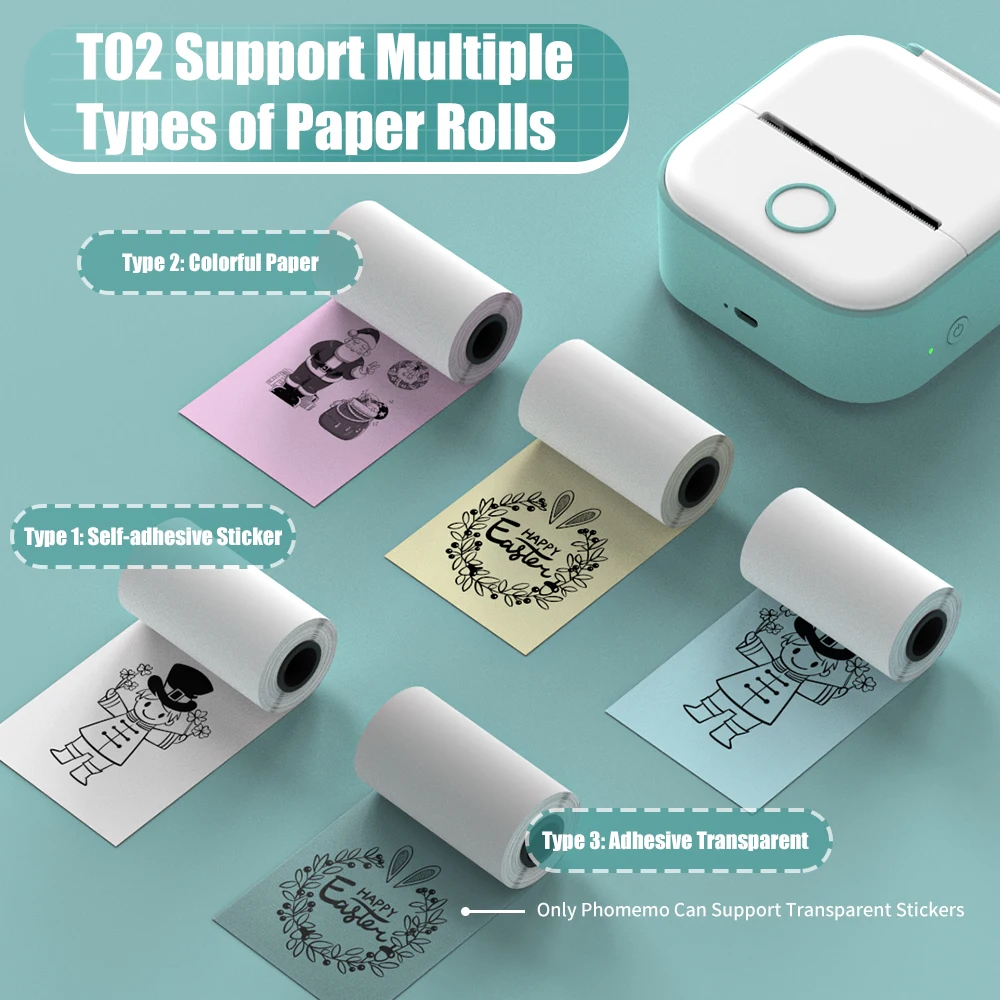  Memoking T02 Portable Small Printer with 3 Rolls Paper, Sticker  Printer Machine for Study, Notes, Pictures, Photos, Journals, DIY and White  Sticky Paper : Office Products