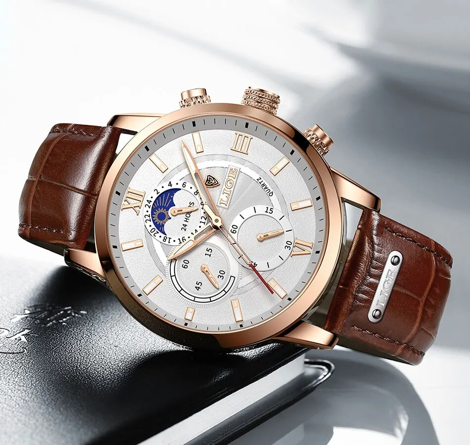 Lige Luxury Brown Leather Casual Quartz Wristwatch for Men | Diversi