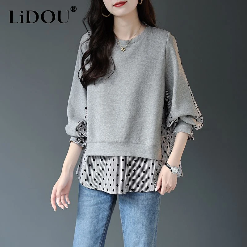 2023 spring autumn new Round neck fashion Printing Long Sleeve Sweatshirts women Fake two pieces patchwork All-match Pullovers