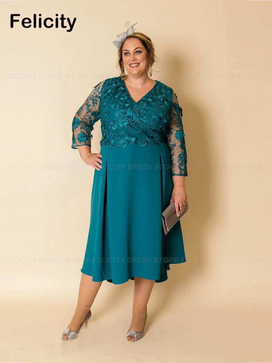 

Classic Plus Size Mother of the Bride Dress 2023 A-Line V-Neck Wedding Guest Dresses Lace Pleated Tea-Length فستان حفلات الزفاف