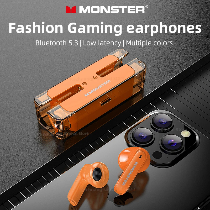 Monster XKT08 블루투스 5.3 이어폰, 진정한 무선 이어버드, 저지연 소음 감소 헤드폰, 게임 스포츠 헤드셋, 마이크 포함