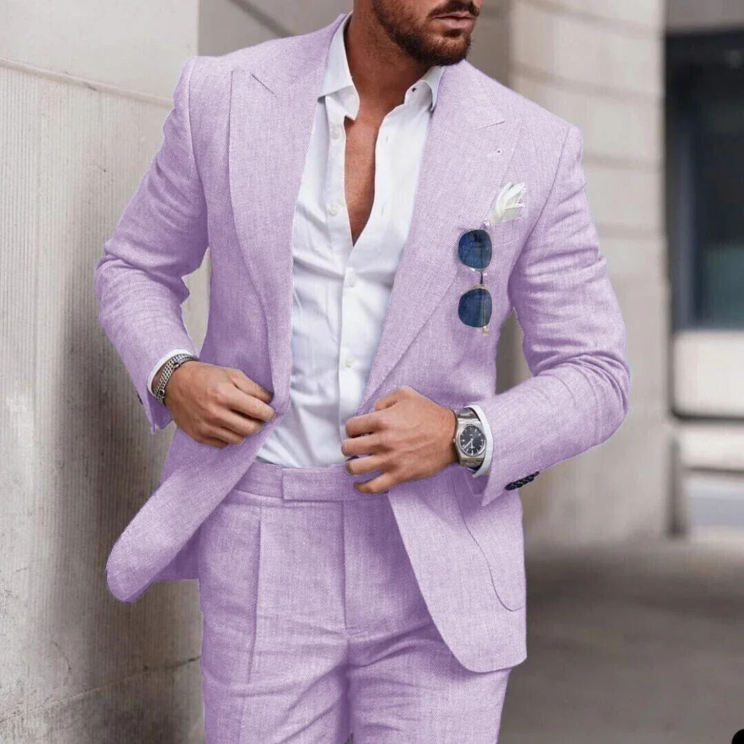 Purple Linen Summer Casual Men Suit Wedding Suits For Men High Quality Custom Prom Elegant Blazer Slim Fit 2 Piece Costume Homme