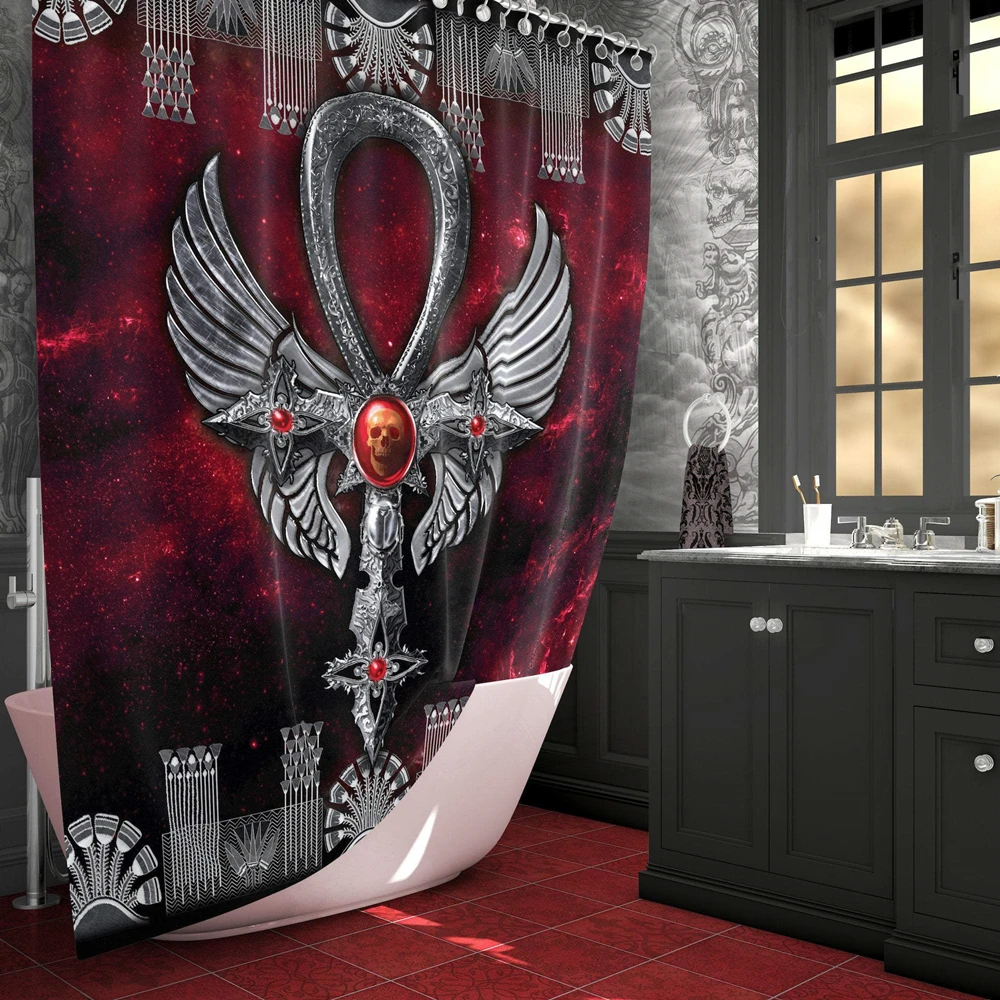 

Goth Shower Curtain,Dark Ankh Gothic Occult Egyptian Cross Skull Skeleton Bathroom Curtains,Waterproof Fabric Bathtub Decor Sets