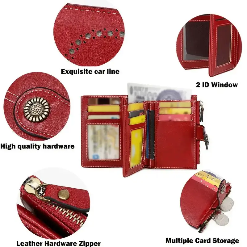 RFID Anti-Theft Retro Wallet for Women, Multi-Card Zipper, Zipper Buckle, Fashion Coin Wallet, Multi-functional Short Wallet 6