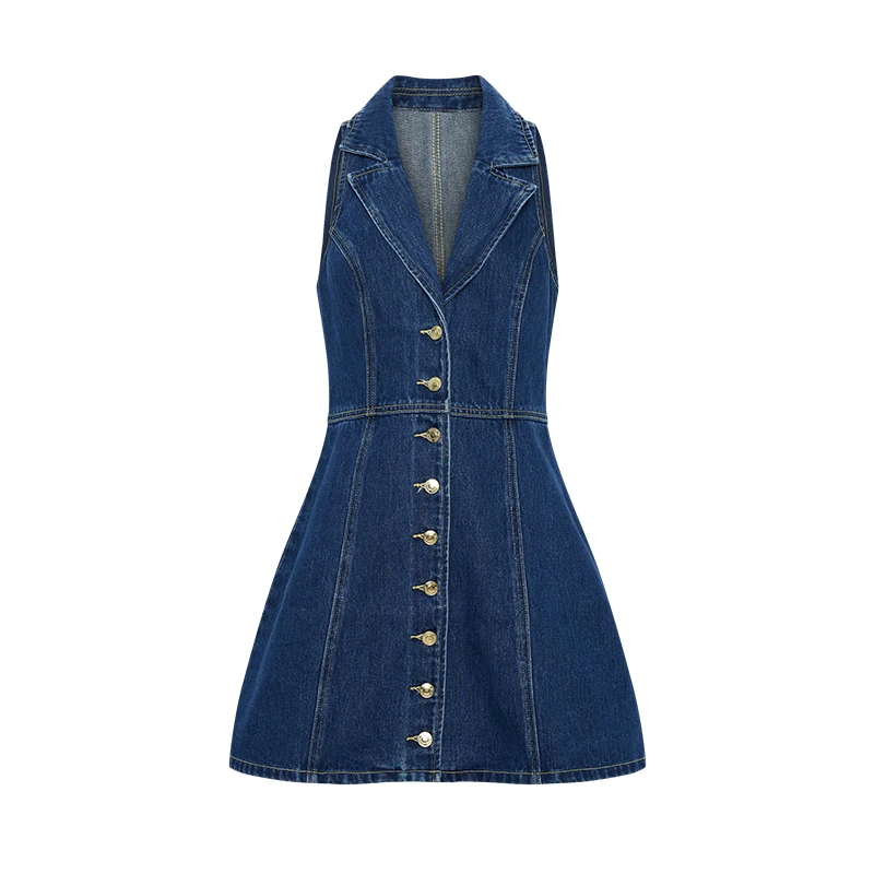 Vestido corto vaquero sexy de corte A con escote en V profundo, sin mangas, de una sola botonadura, de cintura alta, estilo urbano vintage ajustado de verano 2025