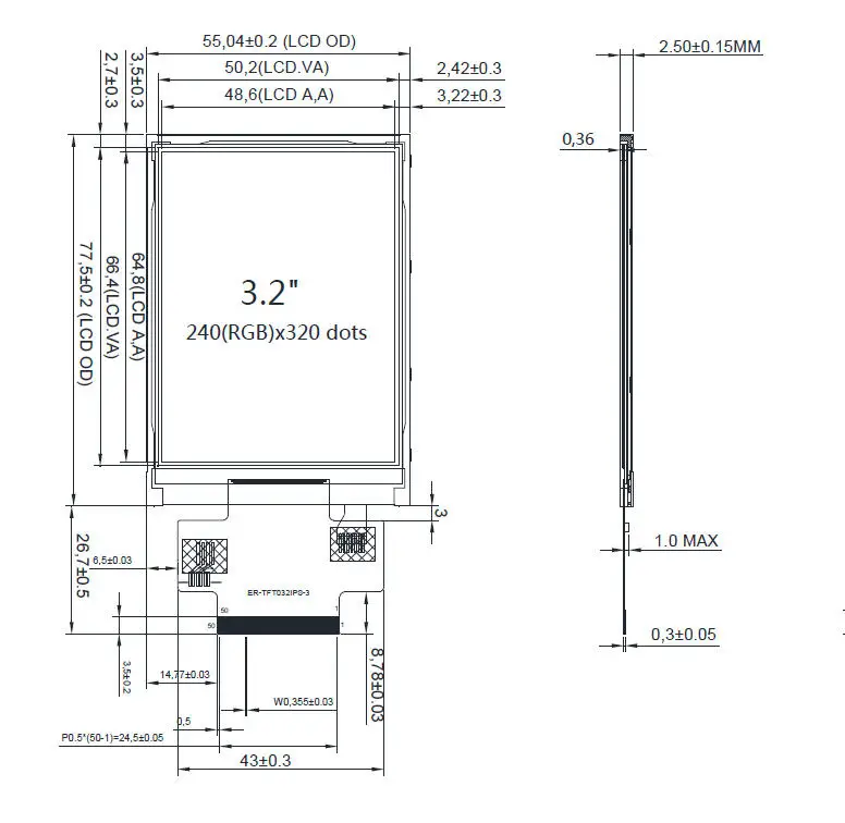 3.2 inch 240x320 IPS TFT LCD Display with ST7789 Controller with Free FPC Connector,Optional Touch Panel