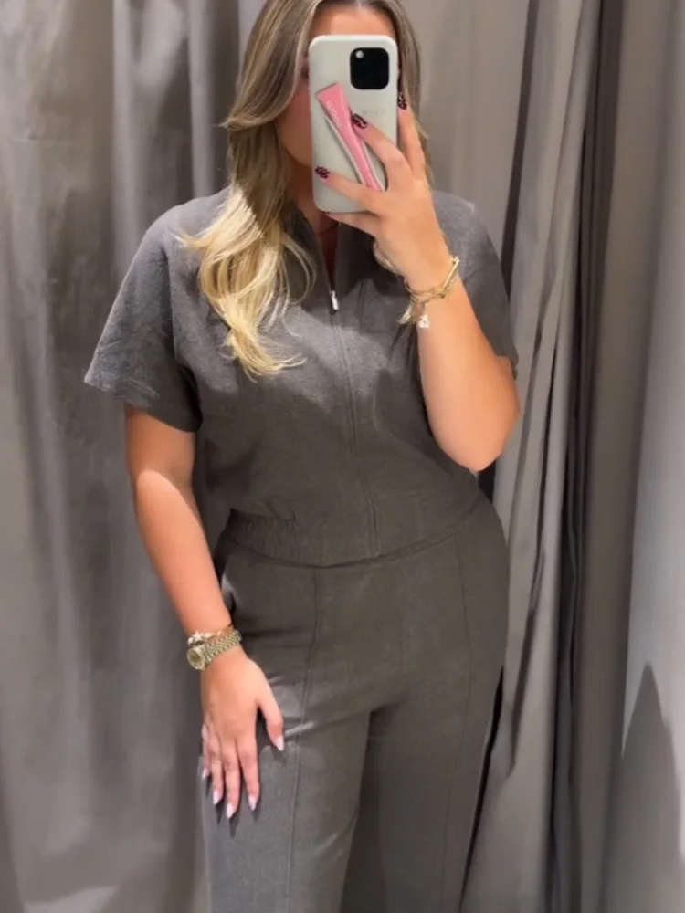 HH Women Elegant Short Sleeve Lapel Zipper Vest+High Waisted Elastic Waist Pockets Wide-leg Pants Soft Autumn 2-Piece Set 1