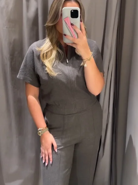 HH Women Elegant Short Sleeve Lapel Zipper Vest+High Waisted Elastic Waist Pockets Wide-leg Pants Soft Autumn 2-Piece Set 1