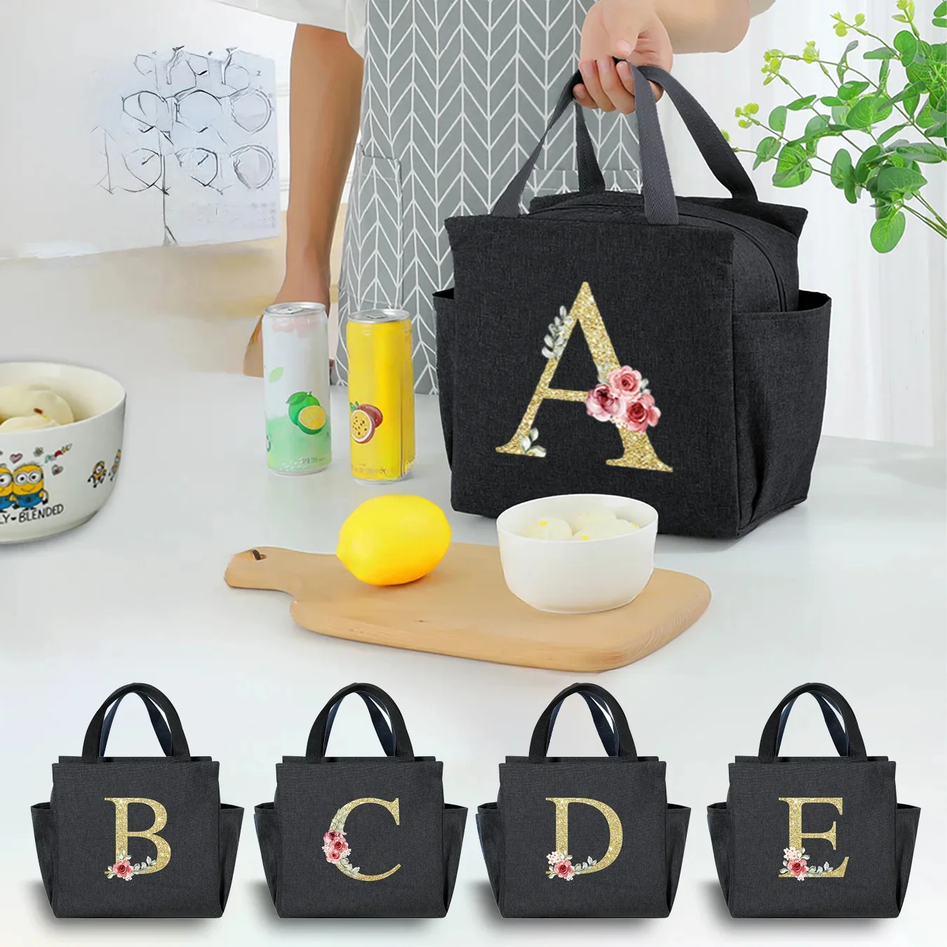 Letter Printed Nylon Lunch Bag With Zipper Waterproof Insulation Bag Ice Bag Suitable For Men & Women's Work Picnic Travel