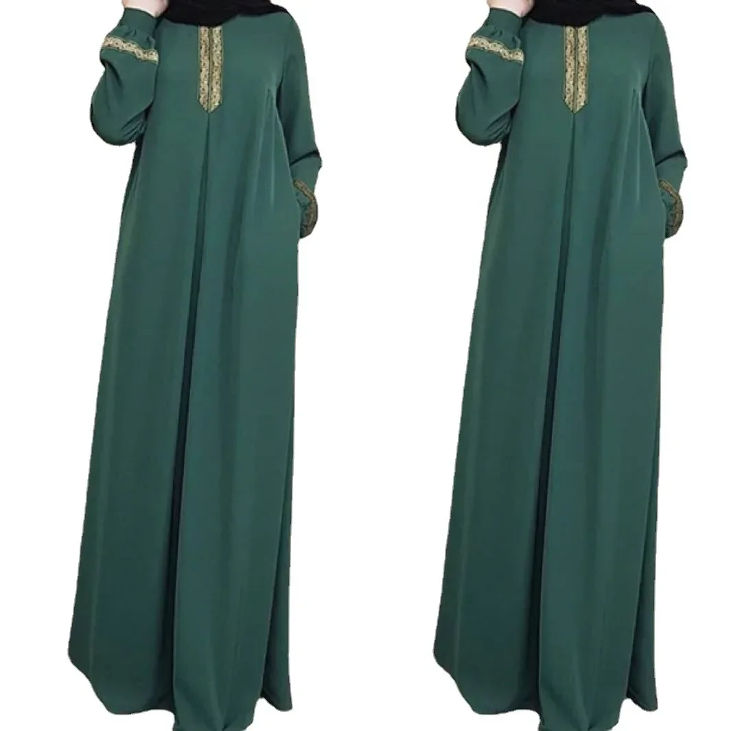 Muslim Abaya Ethnic Style Print Islam Abaya Dress Solid Color Loose Casual Robe Femme Musulman for Middle East Arabia