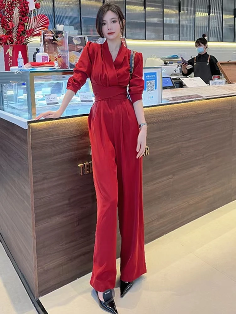 

New Spring Summer Women Casual Red Pant Lace Up Jumpsuits Female Fashion Elegant Office Lady Long Rompers