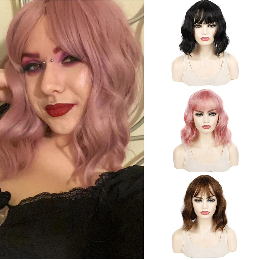 Jeedou Cosplay Water Wave Short Hair Wigs Synthetic Daily Use Black Brown Pink Ombre Color Young Girl's Wig